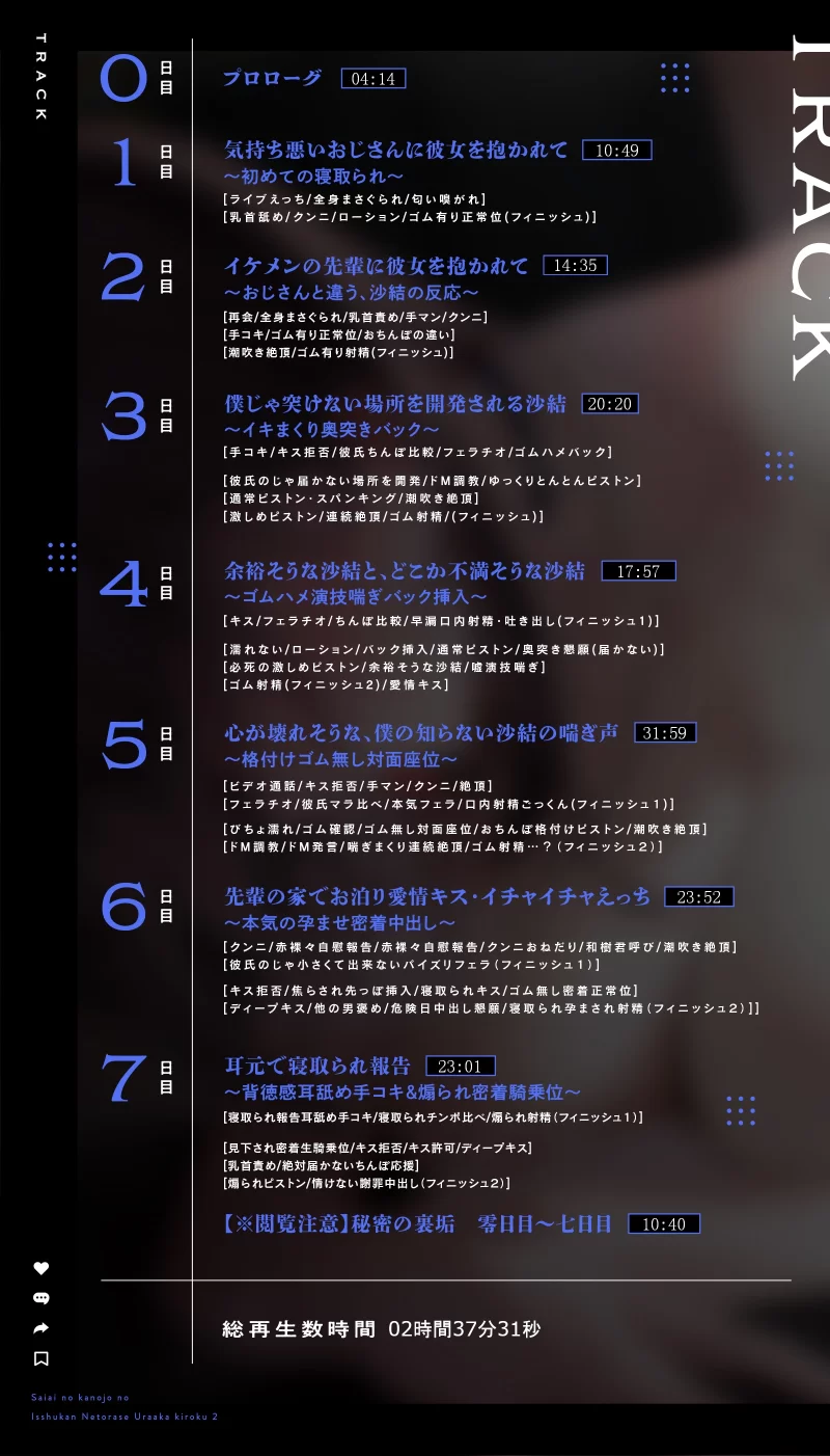 ASMR [简中]最爱的女友的一周NTR记录～你所不知晓的呻吟声～II【9V+3.84G】